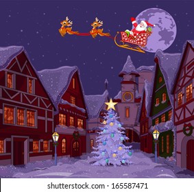 Santa Claus flying his sleigh over Christmas town