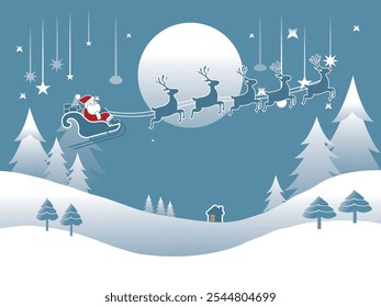 Santa Claus flying in his sleigh with reindeers. Winter landscape with snow, house, trees, Full moon background, with falling stars. Merry Christmas and Happy New Year. Vector illustration.