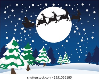 Santa Claus flying in his sleigh with reindeers. Winter landscape with snow, trees, Full moon background, with falling snows. Merry Christmas and Happy New Year. Vector illustration.