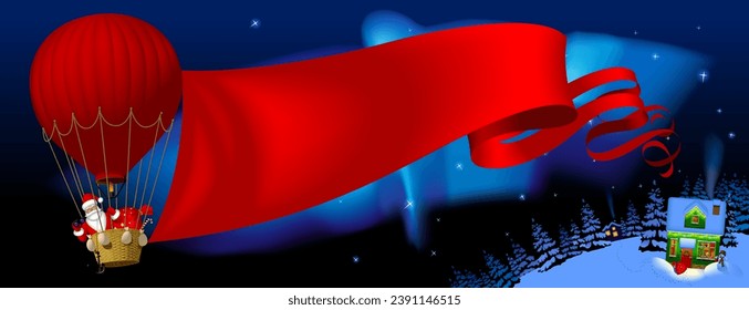 Santa Claus vuela en un globo de aire caliente con una bandera roja larga contra el fondo del cielo estrellado nocturno y un paisaje invernal con una casa en el interior 
bosque. Ilustración vectorial