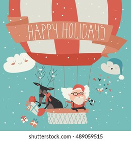 Santa Claus flying in a hot air balloon with reindeer