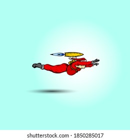 Santa Claus flying with a jet-pack for the concept of speedy Christmas delivery. Hand drawn vector illustration. 
