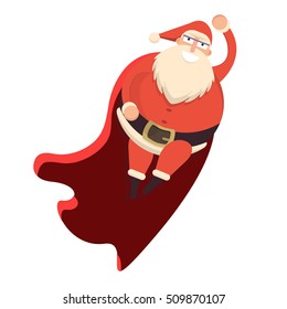 Santa Claus flying like superhero in red cape waving behind. Cute cartoon cheerful and smiling Father Frost character. Flat style vector illustration