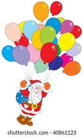 Santa Claus flying with multicolor balloons