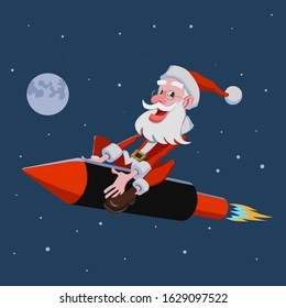 Santa Claus flying at night on fireworks against the background of the moon