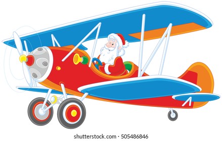 Santa Claus flying an old wood airplane