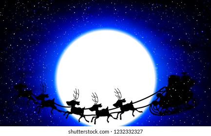 Santa Claus flying on the background of a full moon and snowflak
