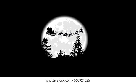 Santa Claus is flying on a background of the full moon and trees