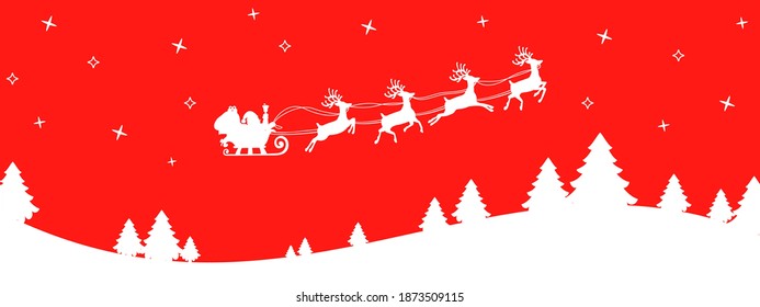 Santa Claus flying on Christmas sleigh in the night on red background, Christmas card decoration – stock vector