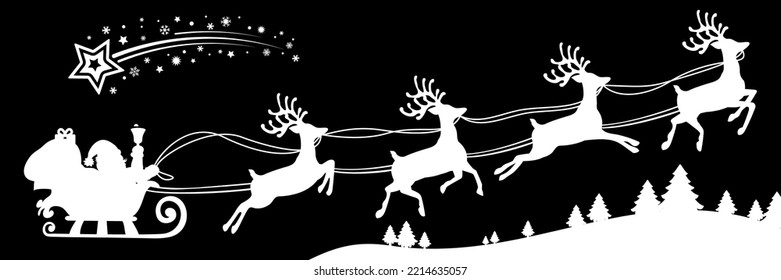 Santa Claus flying on Christmas sleigh in the night on black background, Christmas card decoration – stock vector