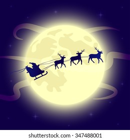 Santa Claus flying on deers and sleigh. Full moon, clouds, stars and dark blue sky. New years and Christmas vector illustration.