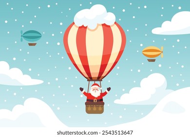 Papá Noel volando en globo aerostático. Cartel festivo para diseño de Navidades. Ilustración vectorial. Concepto de Transporte 