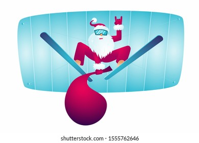 Santa Claus is flying on a parachute. Santa is skiing. Christmas card