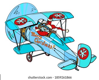 Santa Claus is flying on a plane. White isolated background. Cartoon comics hand drawing illustration retro style