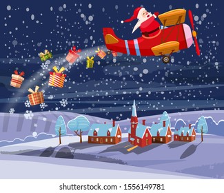 Santa Claus flying on retro airplane delivering gifts in the night sky over the city. Illustration vector isolated cartoon style poster banner template