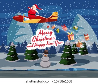 Santa Claus flying on retro airplane delivering gifts in the night sky over the city. Illustration vector isolated cartoon style poster banner template