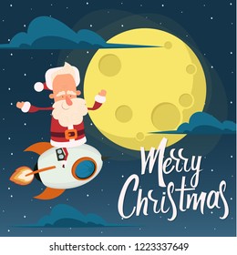 Santa Claus is flying on a rocket to the children. Happy New Year. vector