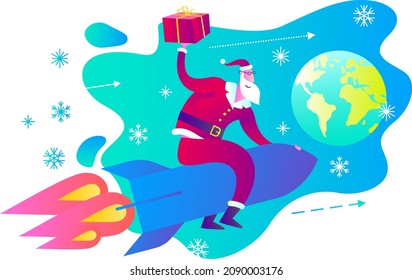Santa Claus is flying on a rocket. Santa's Congratulations. Delivery of gifts.Express delivery of parcels, food, online shopping.  Christmas story, Christmas poster. Holiday surprise.