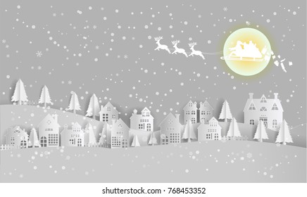 Santa Claus flying on the sky with reindeer giving gifts on Christmas night