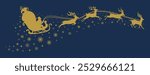 Santa Claus flying on a sleigh with Christmas reindeer with stars and snowflakes. Gold silhouette of Santa Claus and Reindeer Sleigh. for winter holiday decoration, and Christmas greeting card.