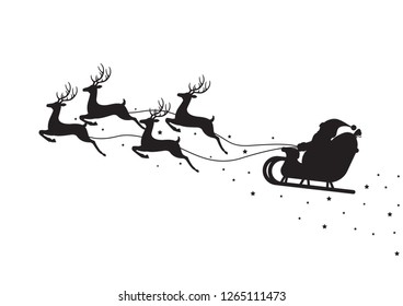 Santa Claus flying on a sleigh with reindeers isolated on white background