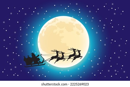 Der Weihnachtsmann fliegt auf einem Schlitten mit Rentieren Nachthimmel auf Vollmond-Hintergrund. Weihnachtskarte. Vektorgrafik
