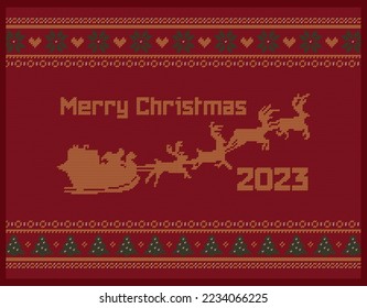 Santa Claus flying on a sleigh with a reindeer, knitted design