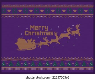 Santa Claus flying on a sleigh with a reindeer, knitted design