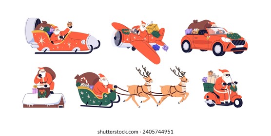 Santa Claus flying on sleigh with reindeers, plane, driving car, sledge, motorcycle with winter gifts, presents for Christmas, New Year. Flat graphic vector illustrations isolated on white background