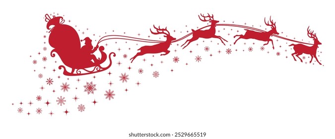 Santa Claus flying on a sleigh with Christmas reindeer with stars and snowflakes. Red silhouette of Santa Claus and Reindeer Sleigh. for winter holiday decoration, and Christmas greeting card.