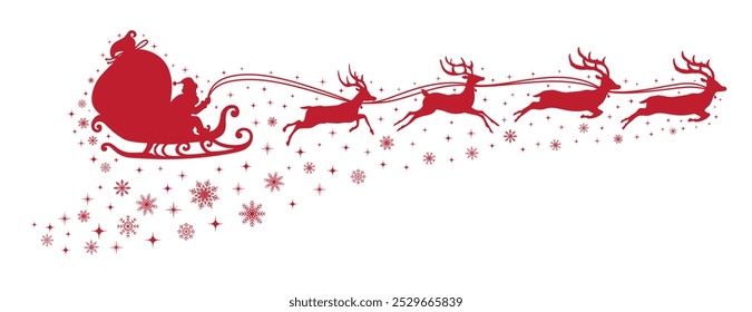 Santa Claus flying on a sleigh with Christmas reindeer with stars and snowflakes. Red silhouette of Santa Claus and Reindeer Sleigh. for winter holiday decoration, and Christmas greeting card.