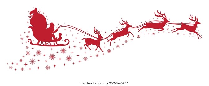 Santa Claus flying on a sleigh with Christmas reindeer with stars and snowflakes. Red silhouette of Santa Claus and Reindeer Sleigh. for winter holiday decoration, and Christmas greeting card.