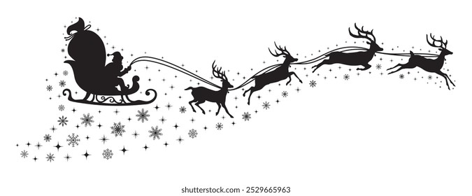 Santa Claus flying on a sleigh with Christmas reindeer with stars and snowflakes. Black silhouette of Santa Claus and Reindeer Sleigh. for winter holiday decoration, and Christmas greeting card.