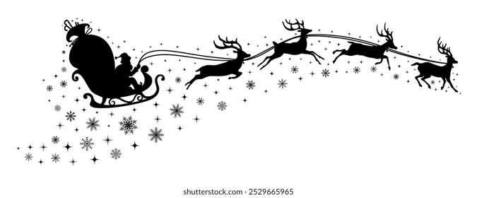 Santa Claus flying on a sleigh with Christmas reindeer with stars and snowflakes. Black silhouette of Santa Claus and Reindeer Sleigh. for winter holiday decoration, and Christmas greeting card.