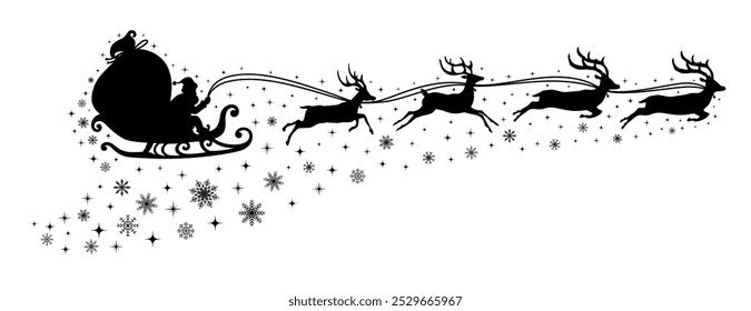 Santa Claus flying on a sleigh with Christmas reindeer with stars and snowflakes. Black silhouette of Santa Claus and Reindeer Sleigh. for winter holiday decoration, and Christmas greeting card.