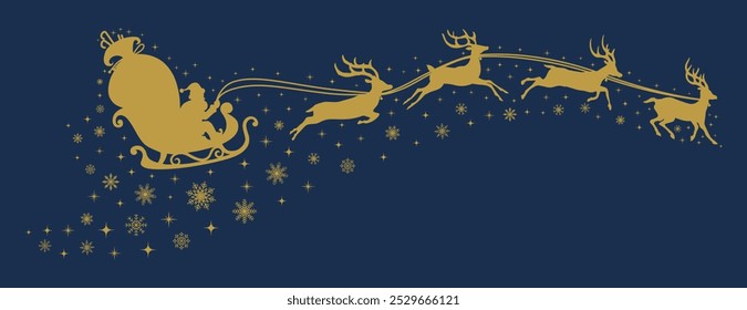 Santa Claus flying on a sleigh with Christmas reindeer with stars and snowflakes. Gold silhouette of Santa Claus and Reindeer Sleigh. for winter holiday decoration, and Christmas greeting card.