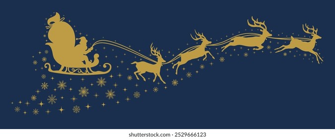 Der Weihnachtsmann fliegt auf einem Schlitten mit Weihnachtsreinigen mit Sternen und Schneeflocken. Goldene Silhouette von Weihnachtsmann und Rentierschlitten. für Winterferiendekoration und Weihnachtsgrußkarte.