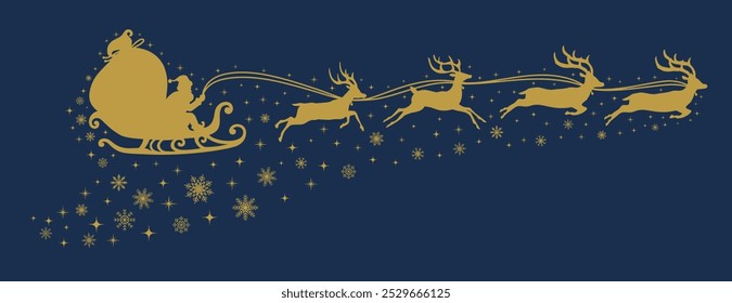 Santa Claus flying on a sleigh with Christmas reindeer with stars and snowflakes. Gold silhouette of Santa Claus and Reindeer Sleigh. for winter holiday decoration, and Christmas greeting card.