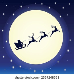 Santa Claus flying on a sleigh with reindeer against the full moon