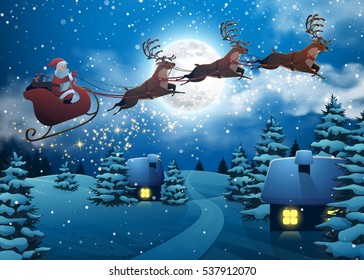 Santa Claus Flying on a Sleigh with Deer. House Snowy Christmas Landscape Fir Tree at Night and Big Moon. Concept for Greeting or Postal Card. Background Vector Illustration in Cartoon Style.