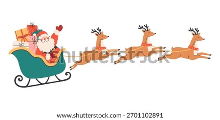 Santa Claus flying on sleigh with reindeers with Christmas presents. Perfect for greeting cards, invitations, posters, seasonal design. Flat vector illustration isolated on white background
