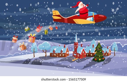 Santa Claus flying on speed retro airplane delivering gifts in the night sky over the city. Illustration vector isolated cartoon style poster banner template