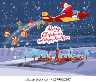 Santa Claus flying on speed retro airplane delivering gifts in the night sky over the city. Illustration vector isolated cartoon style poster banner template