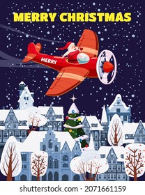Santa Claus flying on vintage plane, delivering gift boxes, night city background. Christmas poster, banner retro cartoon style illustration