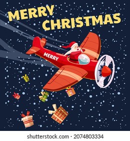 Santa Claus flying on vintage plane, delivering gift boxes. Christmas poster, banner retro cartoon style illustration