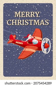 Santa Claus flying on vintage plane. Christmas poster, banner retro cartoon style illustration