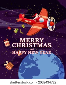 Santa Claus flying on vintage plane. Christmas poster, banner retro cartoon style illustration