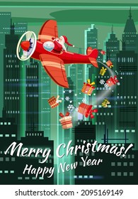 Santa Claus flying on vintage plane, delivering gift boxes, night city background. Christmas poster, banner retro cartoon style illustration