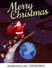 Santa Claus flying in the outer space by ski with sack full gifts