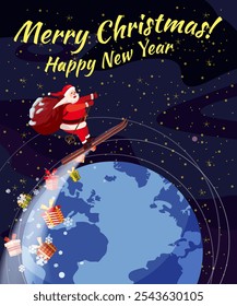 Santa Claus flying in the outer space by ski with sack full gifts